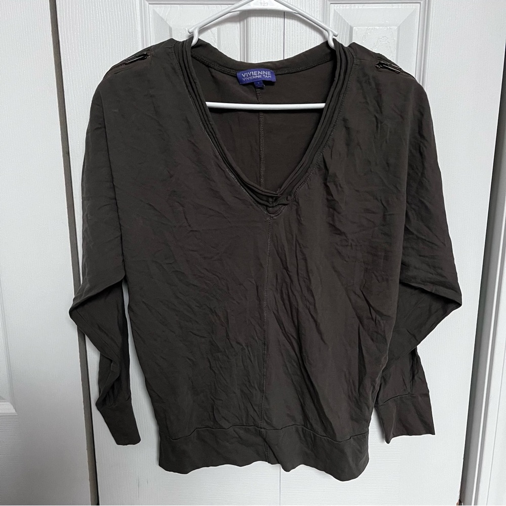 Women's Zipper Shoulder Detail V-Neck Top
